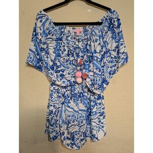 Lilly Pulitzer Smocked Off‎ Shoulder Pom Pom Tunic Top Blue White Size S